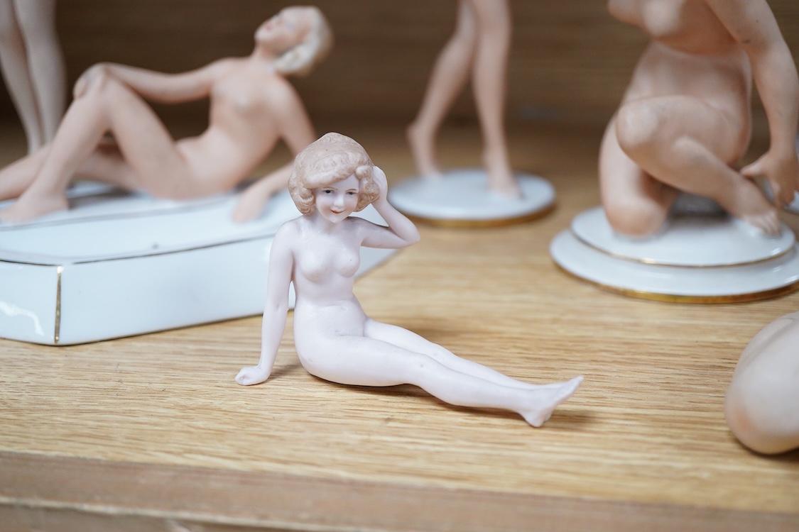 A collection of seven German porcelain figures of nude ladies, by Schau Bach Kunst, Gerold Porzellan, etc. the tallest 27cms.